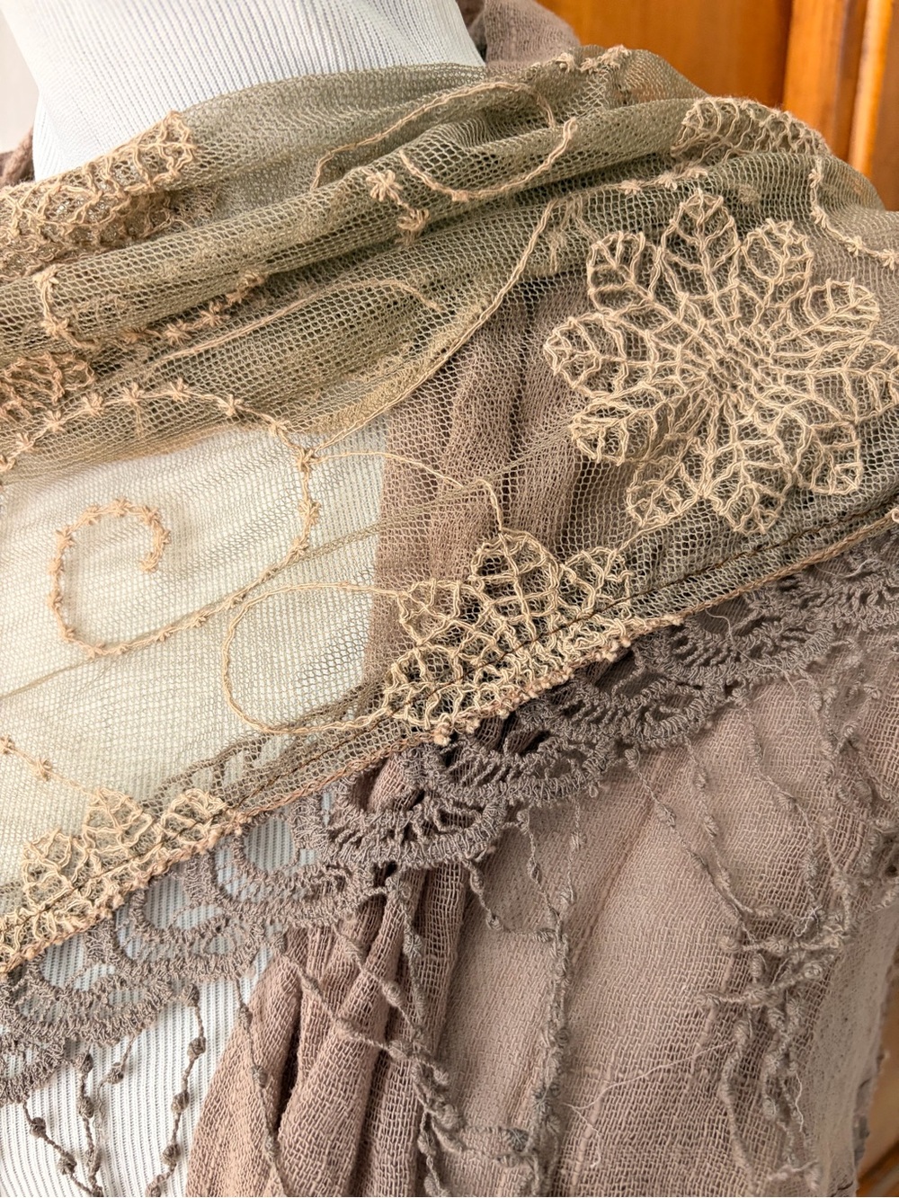 Boho Lace Fringe Shawl - Taupe - Picture 2 of 4
